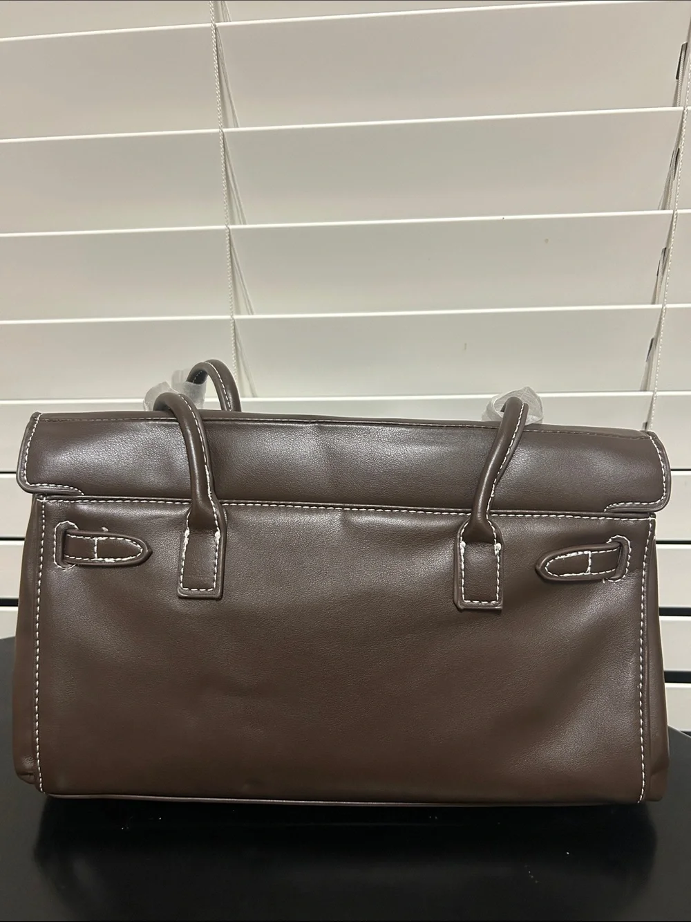 Brown Leather Top-Handle Tote with Gold Hardware